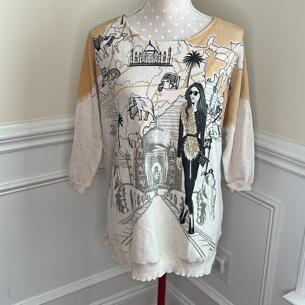 Mesh+Lace Knit Top Sweater Pullover Beige Size XL